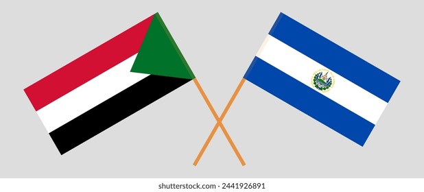 Crossed flags of the Sudan and El Salvador. Official colors. Correct proportion. Vector illustration
