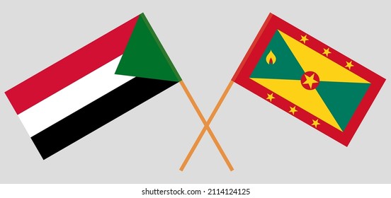 Crossed flags of the Sudan and Grenada. Official colors. Correct proportion. Vector illustration
