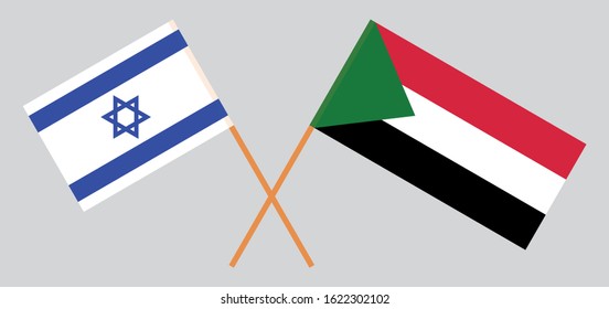 Crossed flags of Sudan and Israel. Official colors. Correct proportion. Vector illustration
