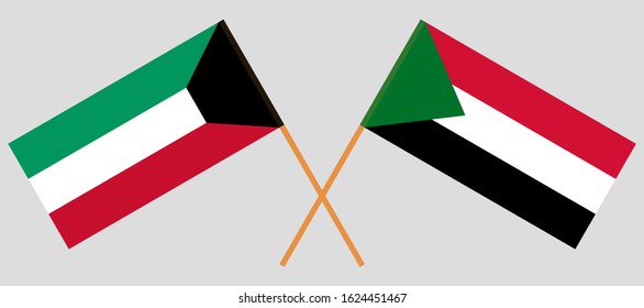 Crossed flags of Sudan and Kuwait. Official colors. Correct proportion. Vector illustration
