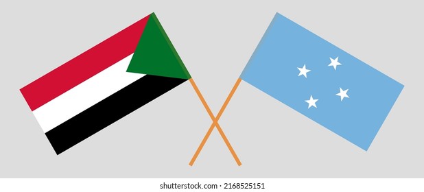 Crossed flags of the Sudan and Micronesia. Official colors. Correct proportion. Vector illustration
