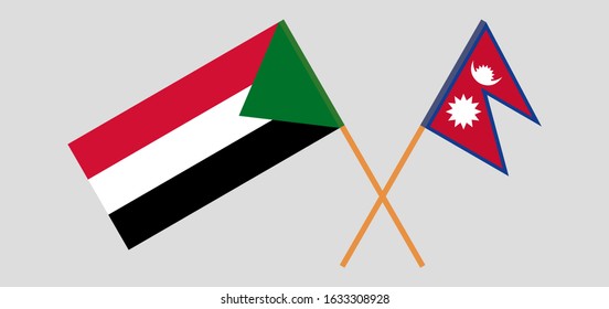 Crossed flags of Sudan and Nepal. Official colors. Correct proportion. Vector illustration
