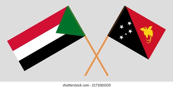 Crossed flags of the Sudan and Papua New Guinea. Official colors. Correct proportion. Vector illustration
