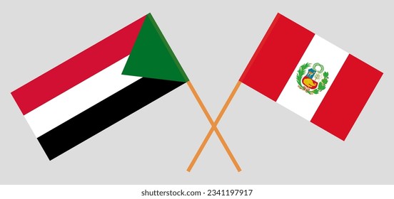 Gekreuzte Flaggen des Sudan und Perus. Offizielle Farben. Richtiger Anteil. Vektorgrafik
