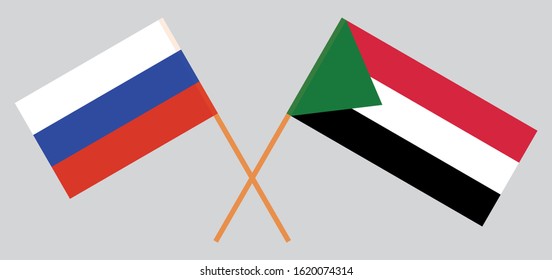 Crossed flags of Sudan and Russia. Official colors. Correct proportion. Vector illustration
