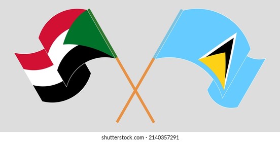 Crossed flags of the Sudan and Saint Lucia. Official colors. Correct proportion. Vector illustration
