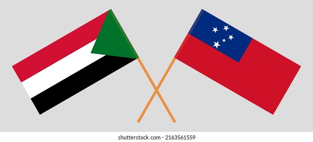 Crossed flags of the Sudan and Samoa. Official colors. Correct proportion. Vector illustration
