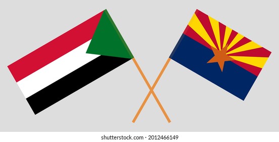 Banderas cruzadas del Sudán y del Estado de Arizona. Colores oficiales. Proporción correcta