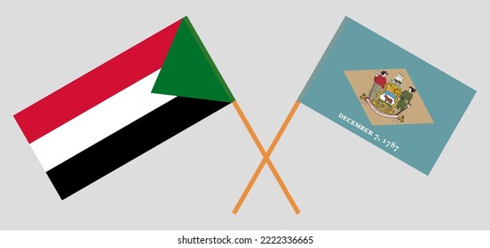 Crossed flags of the Sudan and The State of Delaware. Official colors. Correct proportion. Vector illustration
