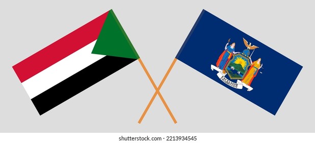 Banderas cruzadas del Sudán y del Estado de Nueva York. Colores oficiales. Proporción correcta. Ilustración del vector
