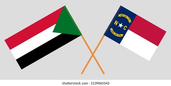 Crossed flags of the Sudan and The State of North Carolina. Official colors. Correct proportion. Vector illustration
