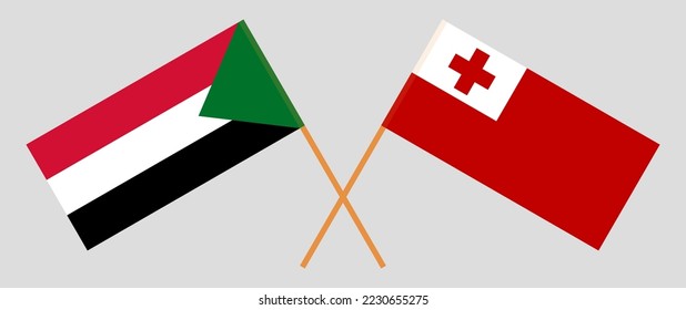 Crossed flags of the Sudan and Tonga. Official colors. Correct proportion. Vector illustration
