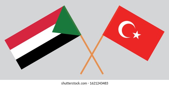 Crossed flags of Sudan and Turkey. Official colors. Correct proportion. Vector illustration
