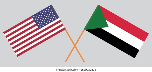 Crossed flags of Sudan and the USA. Official colors. Correct proportion. Vector illustration
