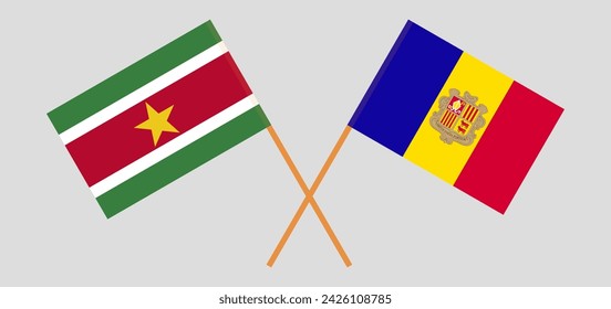 Crossed flags of Suriname and Andorra. Official colors. Correct proportion. Vector illustration
