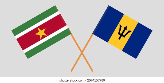 Crossed flags of Suriname and Barbados. Official colors. Correct proportion. Vector illustration