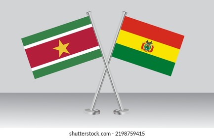 Crossed flags of Suriname and Bolivia. Official colors. Correct proportion. Banner design