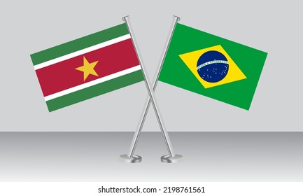 Crossed flags of Suriname and Brazil. Official colors. Correct proportion. Banner design