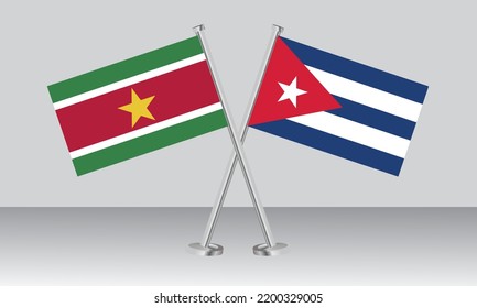 Überkreuzte Flaggen von Suriname und Kuba. Offizielle Farben. Richtiger Anteil. Banner-Design