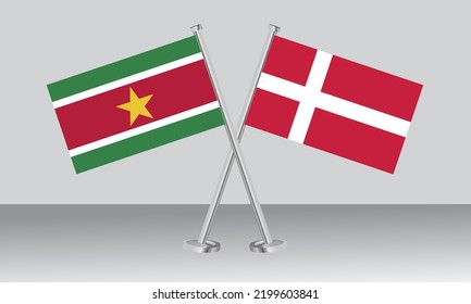 Crossed flags of Suriname and Denmark. Official colors. Correct proportion. Banner design