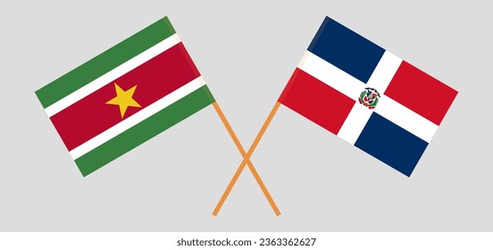 Crossed flags of Suriname and Dominican Republic. Official colors. Correct proportion. Vector illustration
