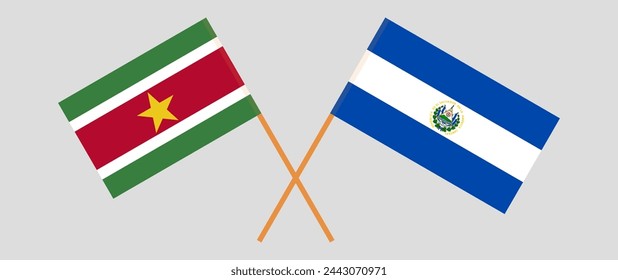 Crossed flags of Suriname and El Salvador. Official colors. Correct proportion. Vector illustration
