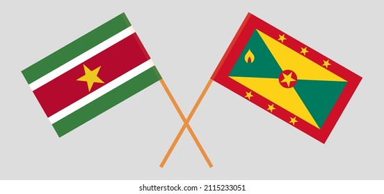 Banderas cruzadas de Surinam y Granada. Colores oficiales. Proporción correcta. Ilustración del vector
