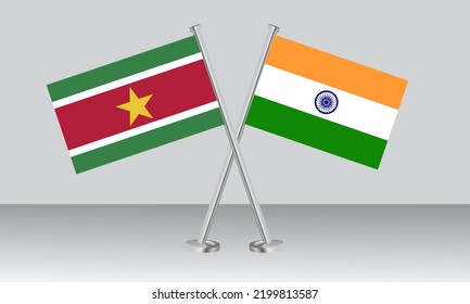 Crossed flags of Suriname and India. Official colors. Correct proportion. Banner design