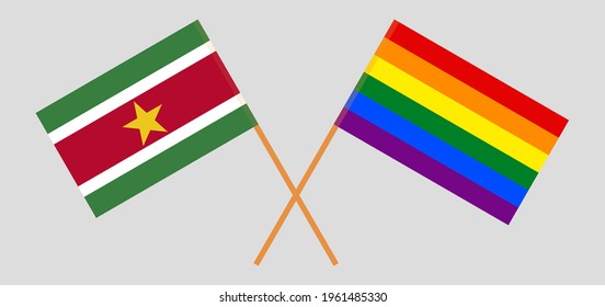Crossed flags of Suriname and LGBTQ. Official colors. Correct proportion