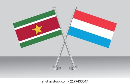 Crossed flags of Suriname and Luxembourg. Official colors. Correct proportion. Banner design