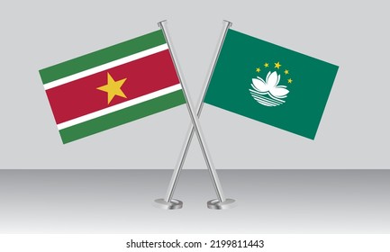 Crossed flags of Suriname and Macau. Official colors. Correct proportion. Banner design
