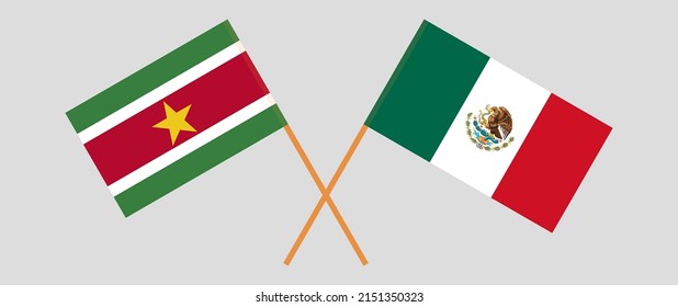 Crossed flags of Suriname and Mexico. Official colors. Correct proportion. Vector illustration
