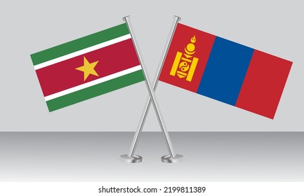 Crossed flags of Suriname and Mongolia. Official colors. Correct proportion. Banner design