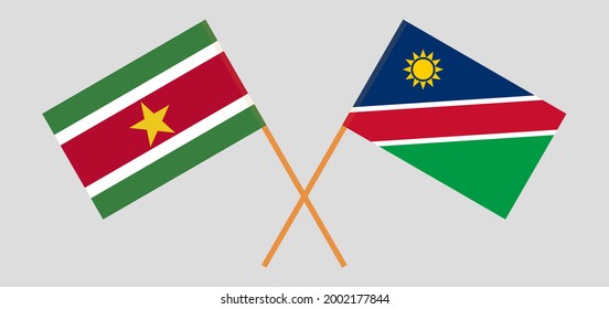 Crossed flags of Suriname and Namibia. Official colors. Correct proportion