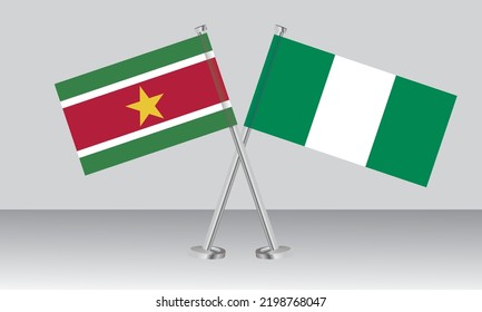 Crossed flags of Suriname and Nigeria. Official colors. Correct proportion. Banner design