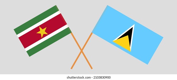 Crossed flags of Suriname and Saint Lucia. Official colors. Correct proportion. Vector illustration
