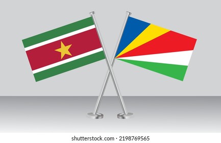 Überkreuzte Flaggen von Suriname und den Seychellen. Offizielle Farben. Richtiger Anteil. Banner-Design