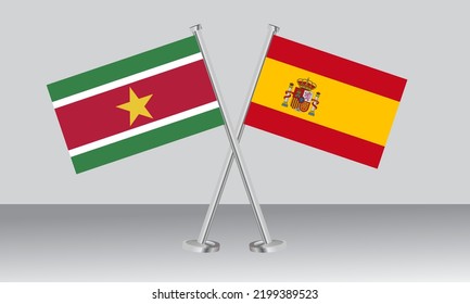 Crossed flags of Suriname and Spain. Official colors. Correct proportion. Banner design