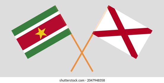 Crossed flags of Suriname and The State of Alabama. Official colors. Correct proportion