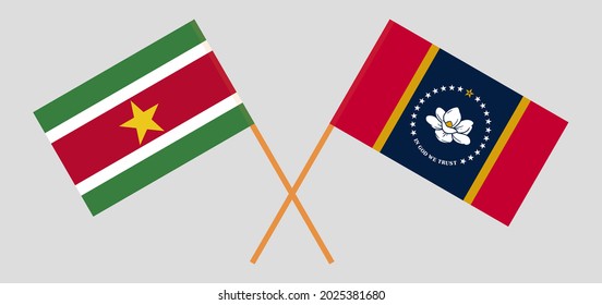 Crossed flags of Suriname and the State of Mississippi. Official colors. Correct proportion