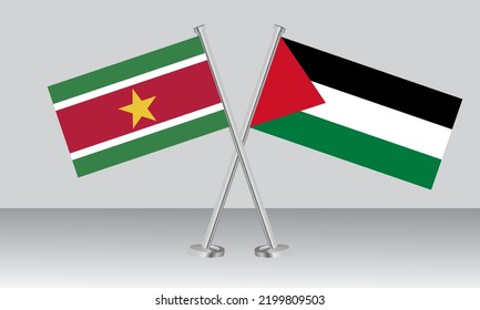 Crossed Flags Of Suriname And State Of Palestine. Official Colors. Correct Proportion. Banner Design