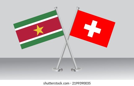 Crossed flags of Suriname and Switzerland. Official colors. Correct proportion. Banner design