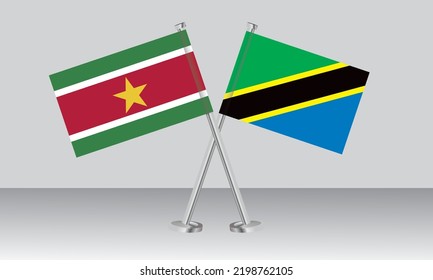 Überkreuzte Flaggen von Suriname und Tansania. Offizielle Farben. Richtiger Anteil. Banner-Design