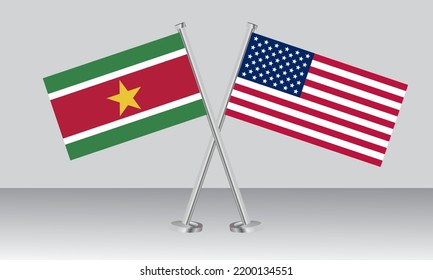 Crossed flags of Suriname and United State of America (USA). Official colors. Correct proportion. Banner design