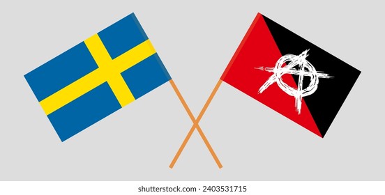 Crossed flags of Sweden and anarchy. Official colors. Correct proportion. Vector illustration
