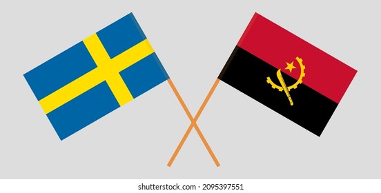 Crossed flags of Sweden and Angola. Official colors. Correct proportion. Vector illustration
