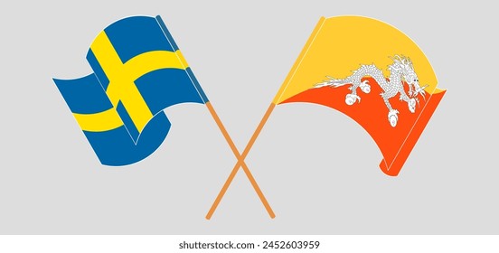 Crossed flags of Sweden and Bhutan. Official colors. Correct proportion. Vector illustration
