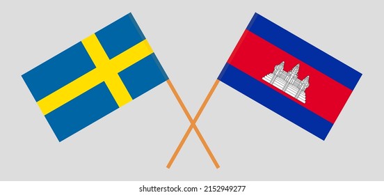 Crossed flags of Sweden and Cambodia. Official colors. Correct proportion. Vector illustration
