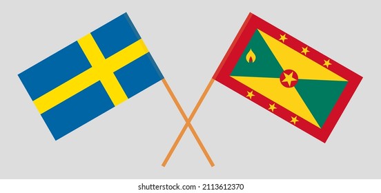 Überquerte Flaggen von Schweden und Grenada. Offizielle Farben. Richtiger Anteil. Vektorgrafik

