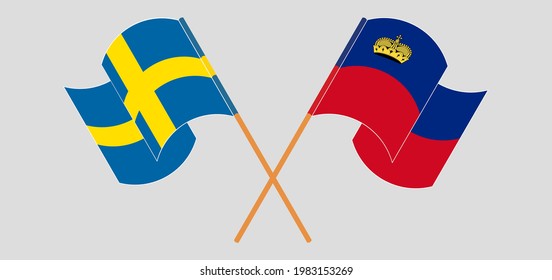 Crossed flags of Sweden and Liechtenstein. Official colors. Correct proportion
